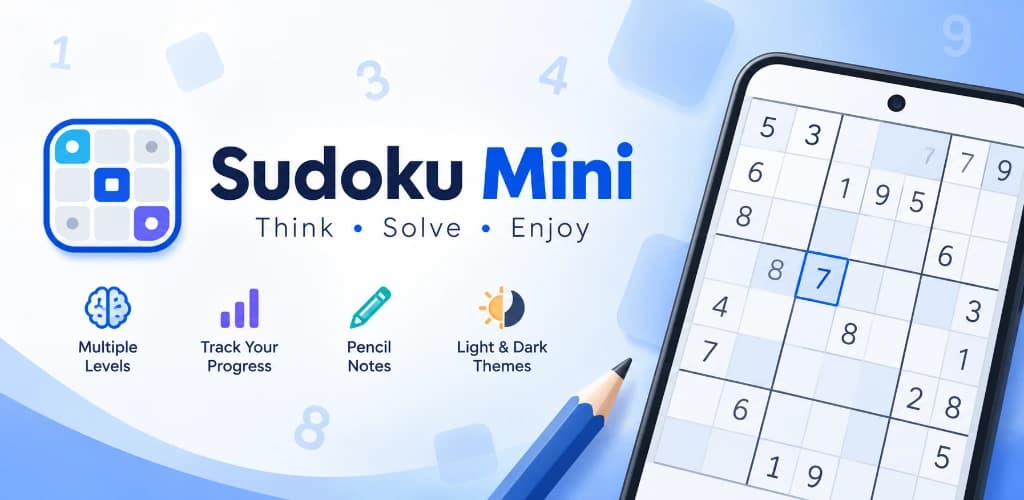 Sudoku Mini official Google Play feature graphic — Think • Solve • Enjoy