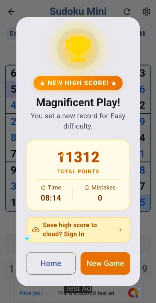 Victory and high score celebration dialog with total points and time