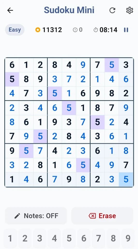 Classic 9x9 Sudoku board with timer, live score, and number keypad
