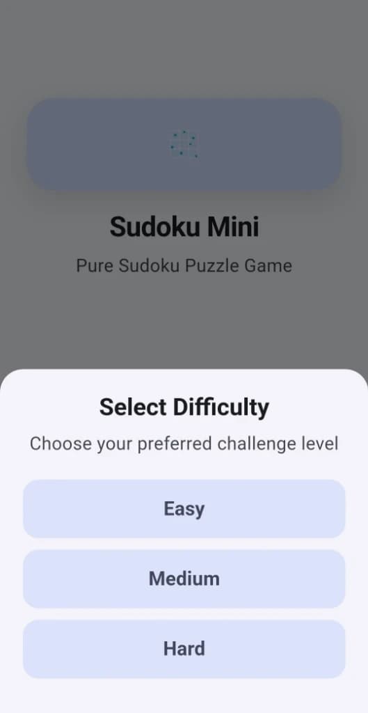 Sudoku Mini difficulty selection modal (Easy, Medium, Hard)