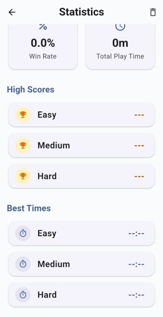 Personal statistics screen showing win rate, play time, and high scores